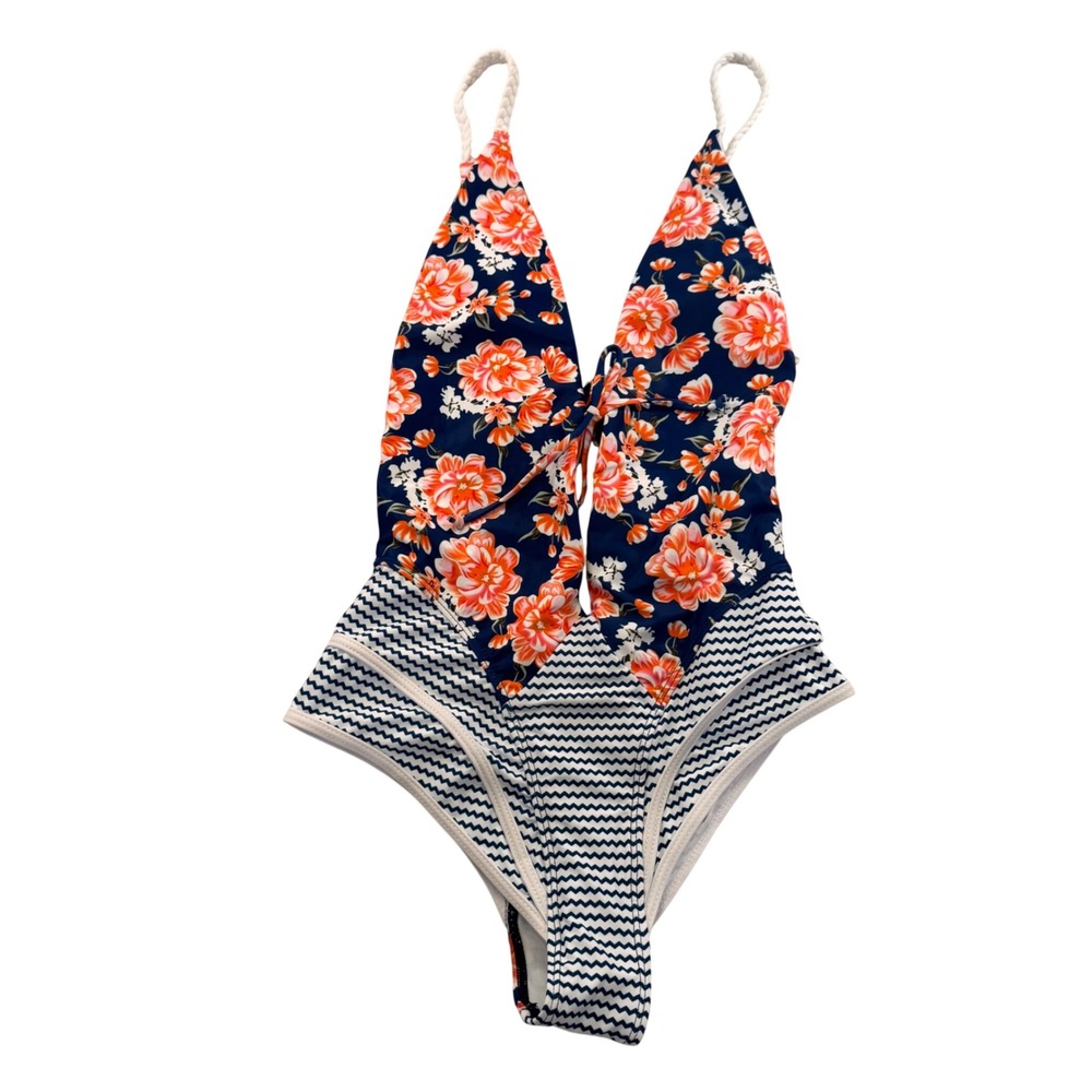 Floral Chevron One Piece Swimsuit Plunge Neck Braided Straps Boho Monokini Sz M